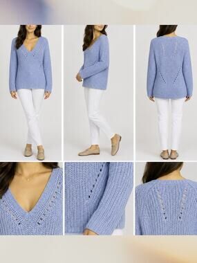 New $298 REFORMATION 100% Wool Chunky Knit Sweater Blue V-Neck Cozy Capsule Warm